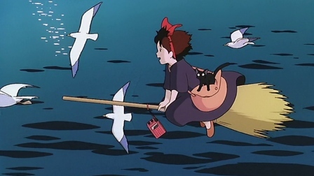 Kiki flying with Jiji, her cat