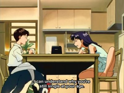 Shinji and Misato bantering at dinner table