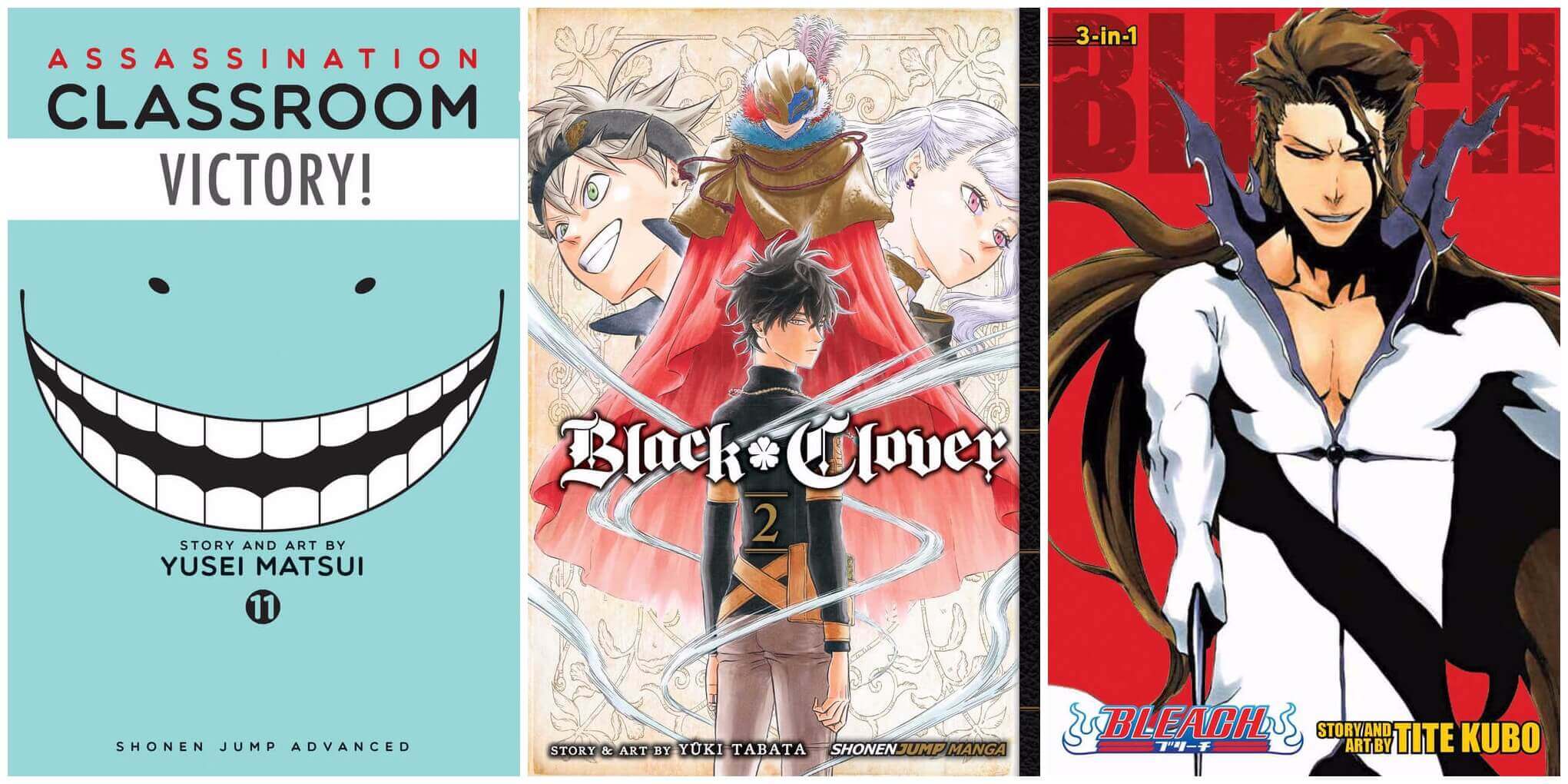 August 2016 Manga Releases The covers for Assassination Classroom, Black Clover, and Bleach.