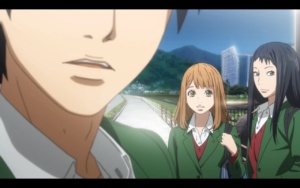 Orange First Impressions: A close-up of Kakeru with Naho and Chino in the background.