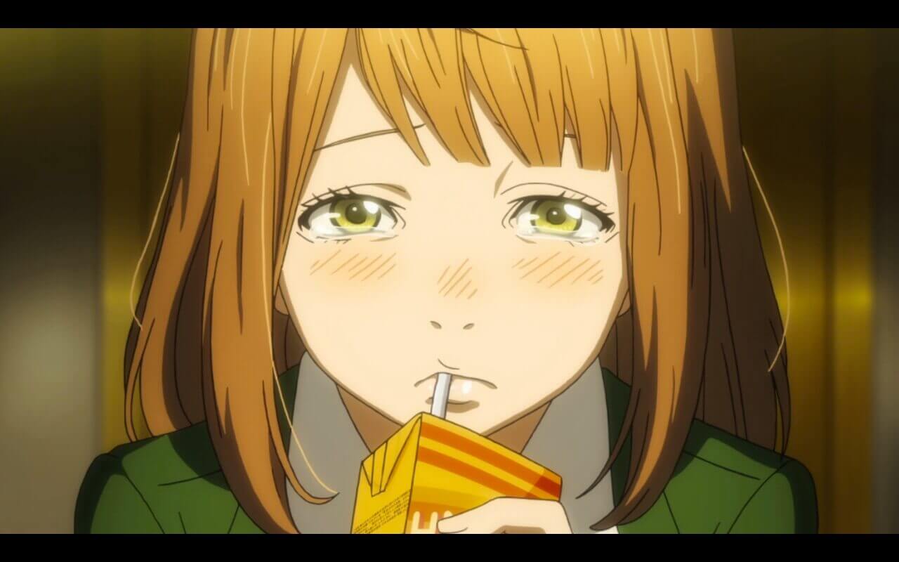 Orange Episode 3 Review Naho drinking her orange juice.