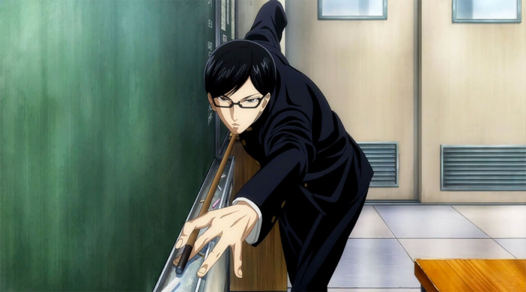 Sakamoto lining up a fake billiard shot and being COOL by the chalkboard