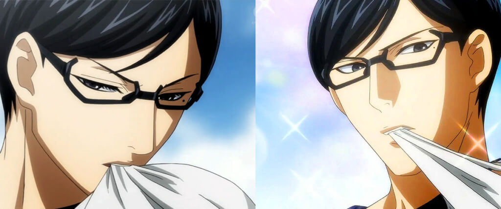 The background changes color and sparkles when Sakamoto does something over the top