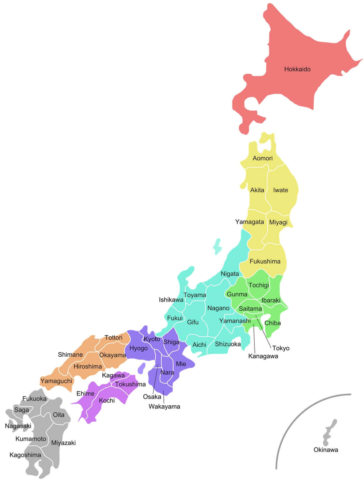The region colored in yellow shows all of the prefectures that make up the Tohoku region.