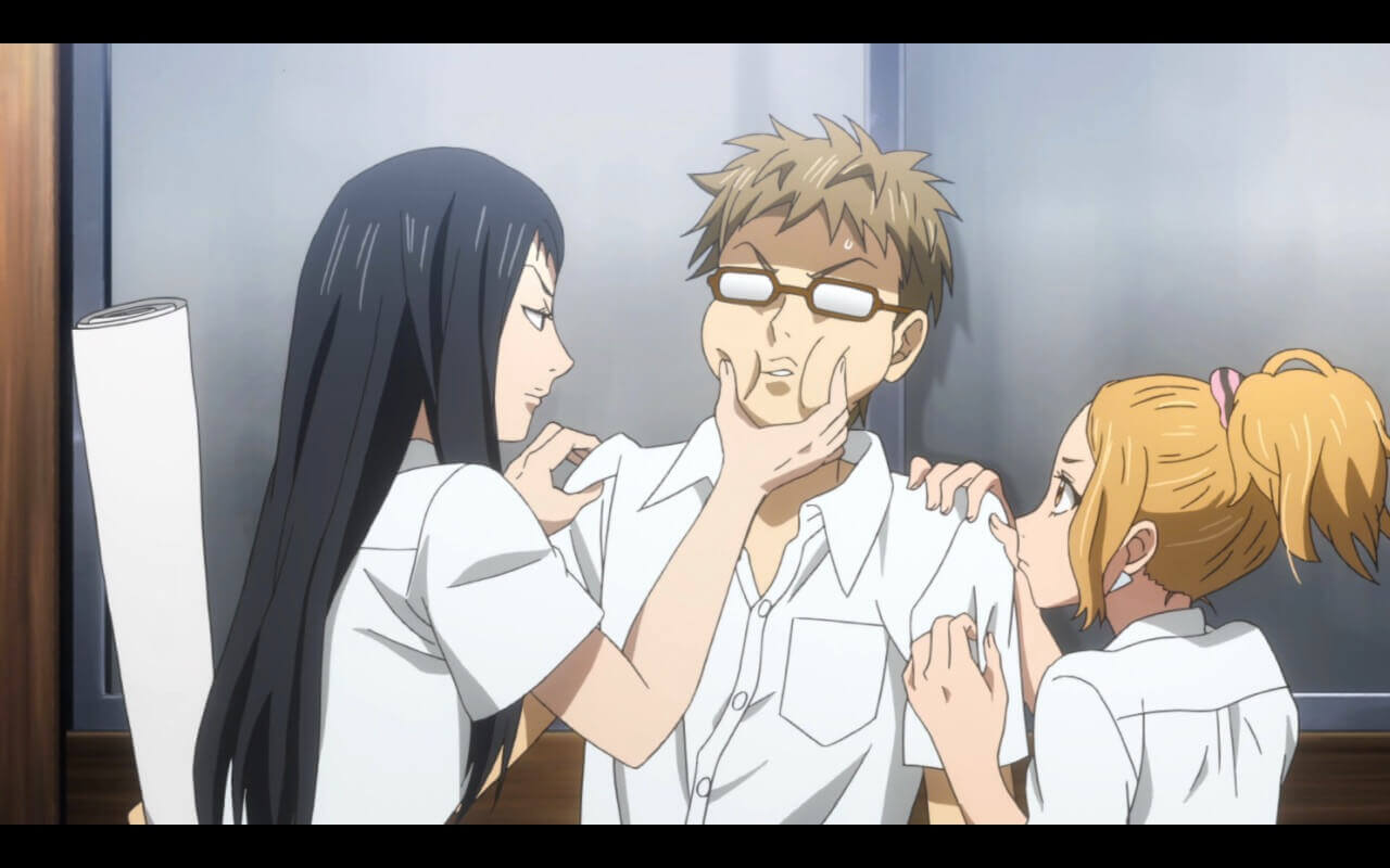 Orange Episode 5 Review Chino and Azu squeeze Hagita's face after he reveals that Suwa likes Naho.