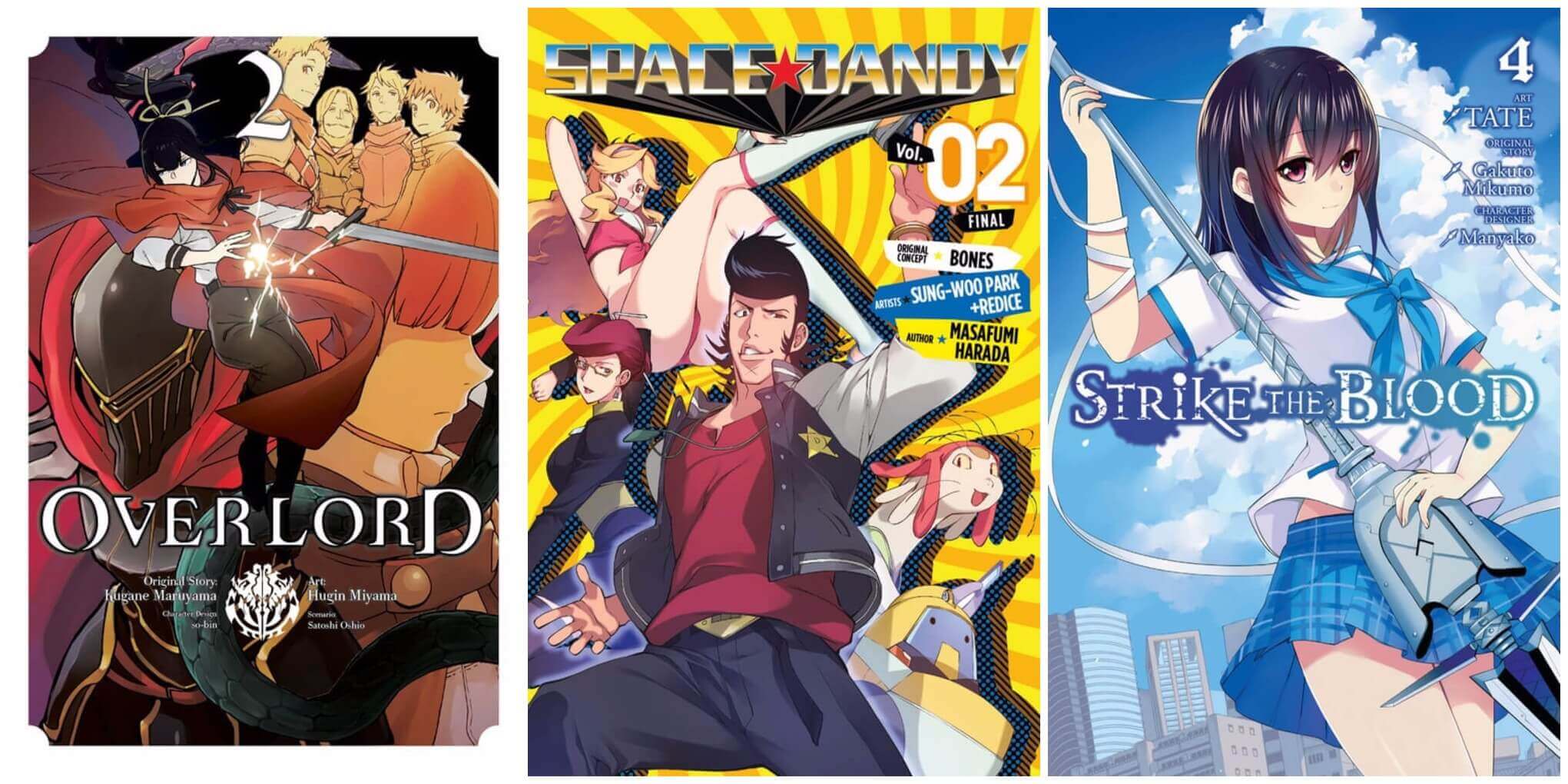 September 2016 Manga Releases Covers for Overlord, Space Dandy, and Strike the Blood.