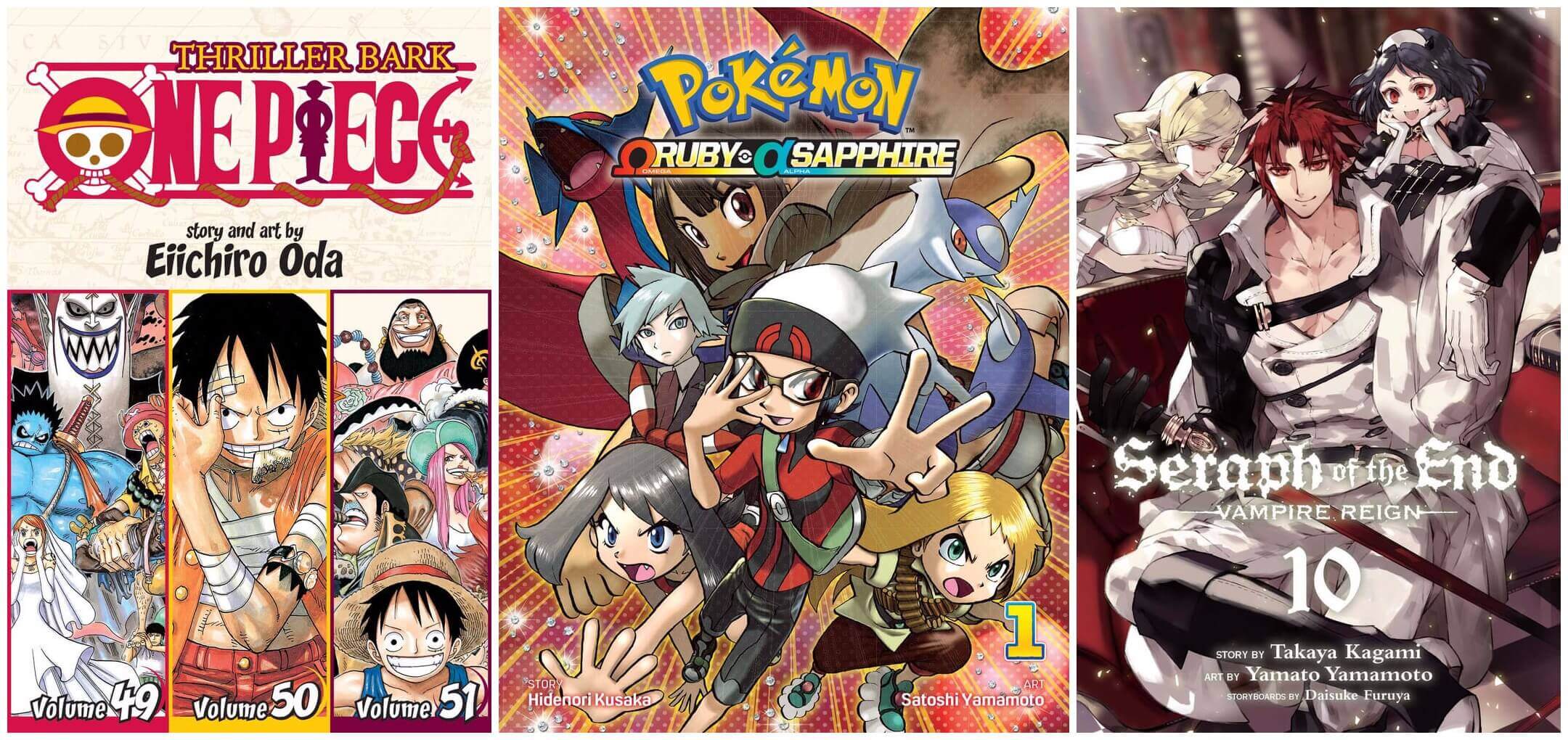 September 2016 Manga Releases Covers for One Piece Omnibus Edition, Pokemon Omega Ruby and Alpha Sapphire, and Seraph of the End.