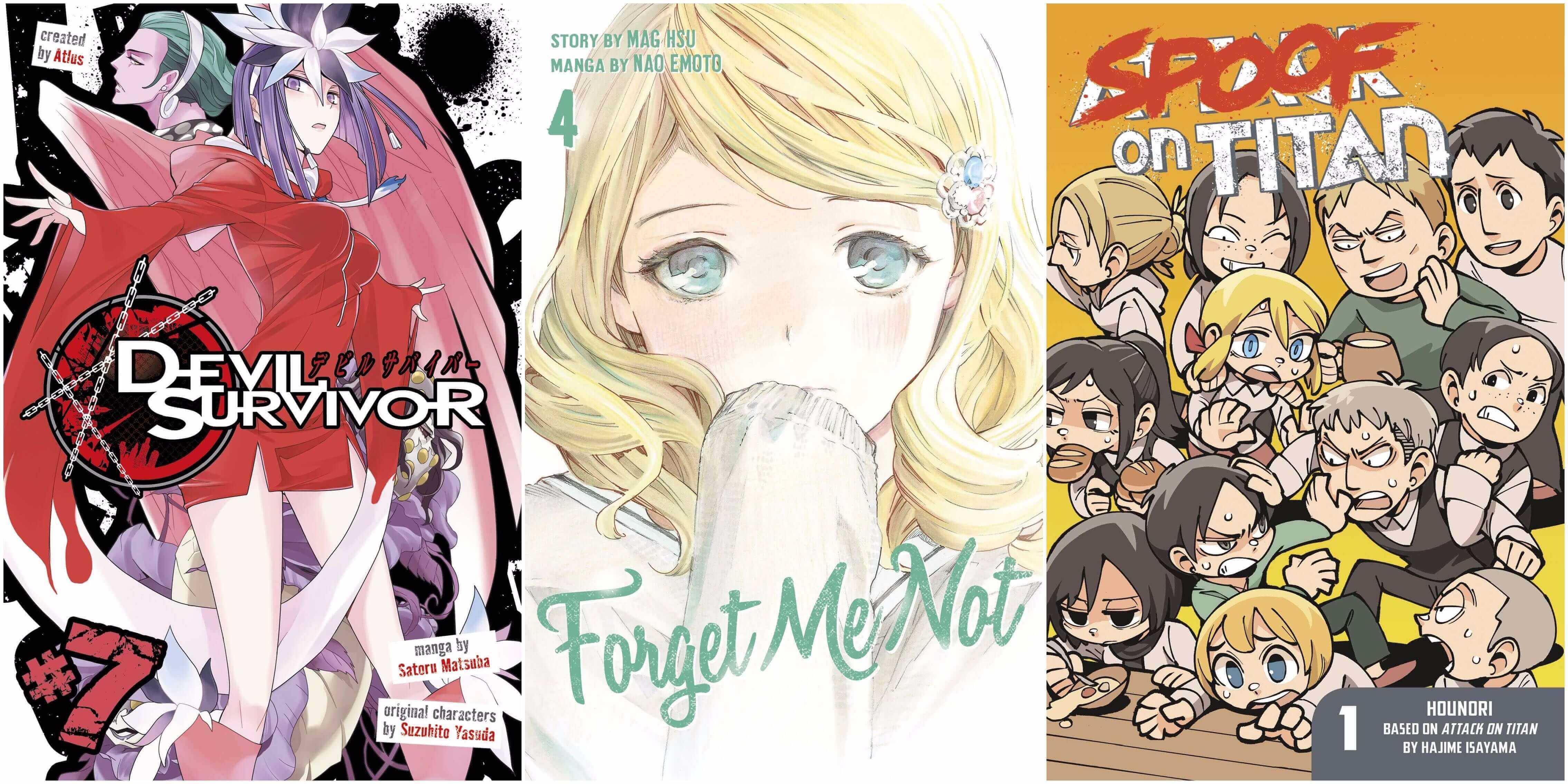 September 2016 Manga Releases Covers for Devil Survivor, Forget Me Not, and Spoof on Titan.