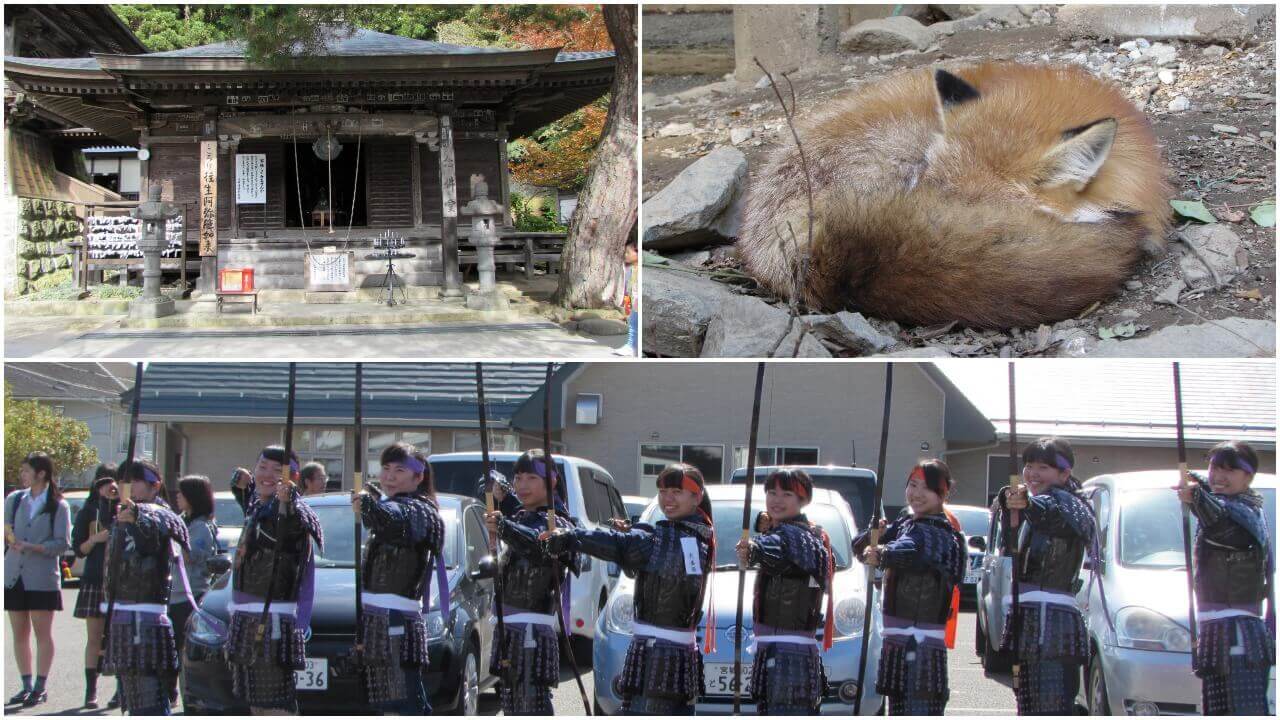 Living in Japan A shrine in Yamadera, a sleeping fox, and young girls with bows who are part of a reenactment.