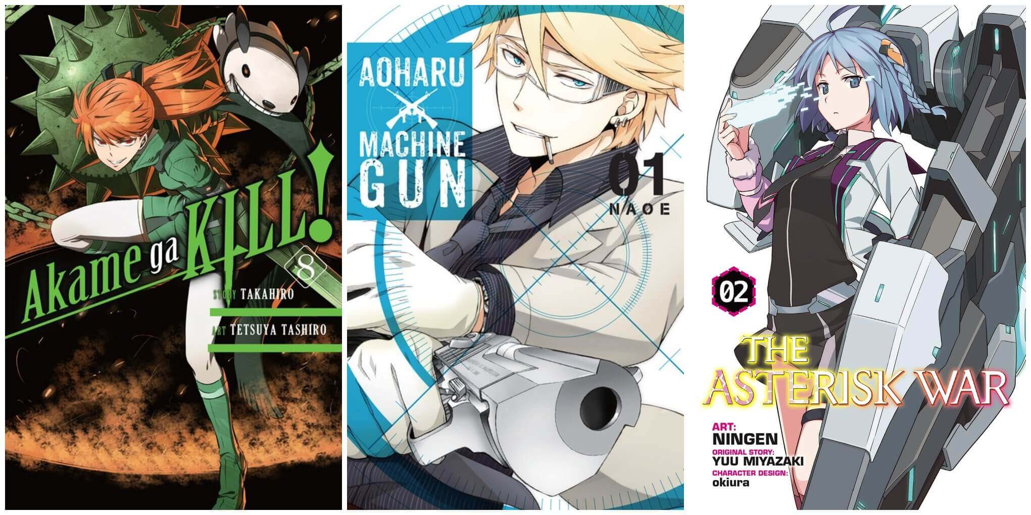 October 2016 Manga Releases Covers for Akame ga Kill, Aoharu X Machinegun, and The Asterisk War.