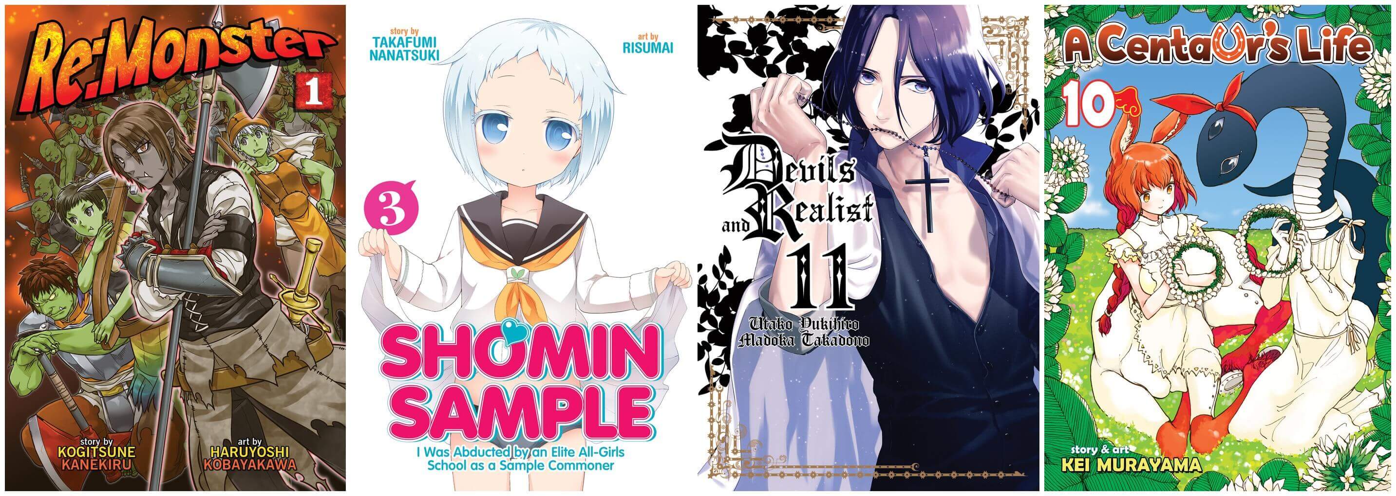 November 2016 Manga Releases Covers for Re:Monster, Shomin Sample, Devils and Realist, and A Centaur's Life.