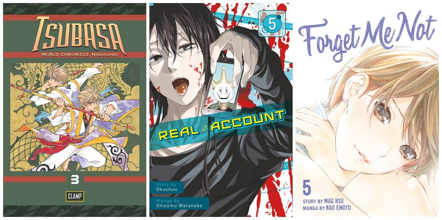 November 2016 Manga Releases Covers for Tsubasa World Chronicle, Real Account, and Forget Me Not.