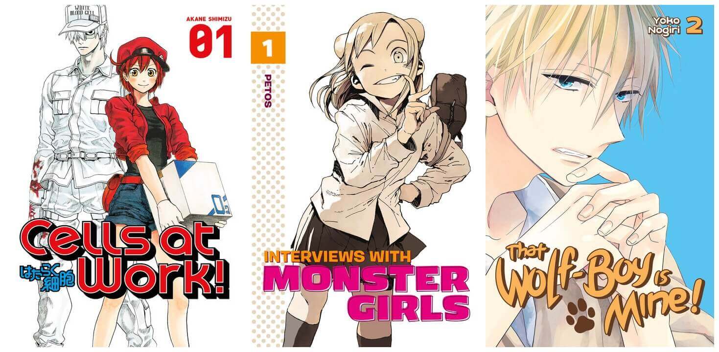 November 2016 Manga Releases Covers for Cells at Work, Interviews with Monster Girls, and That Wolf-Boy is Mine.