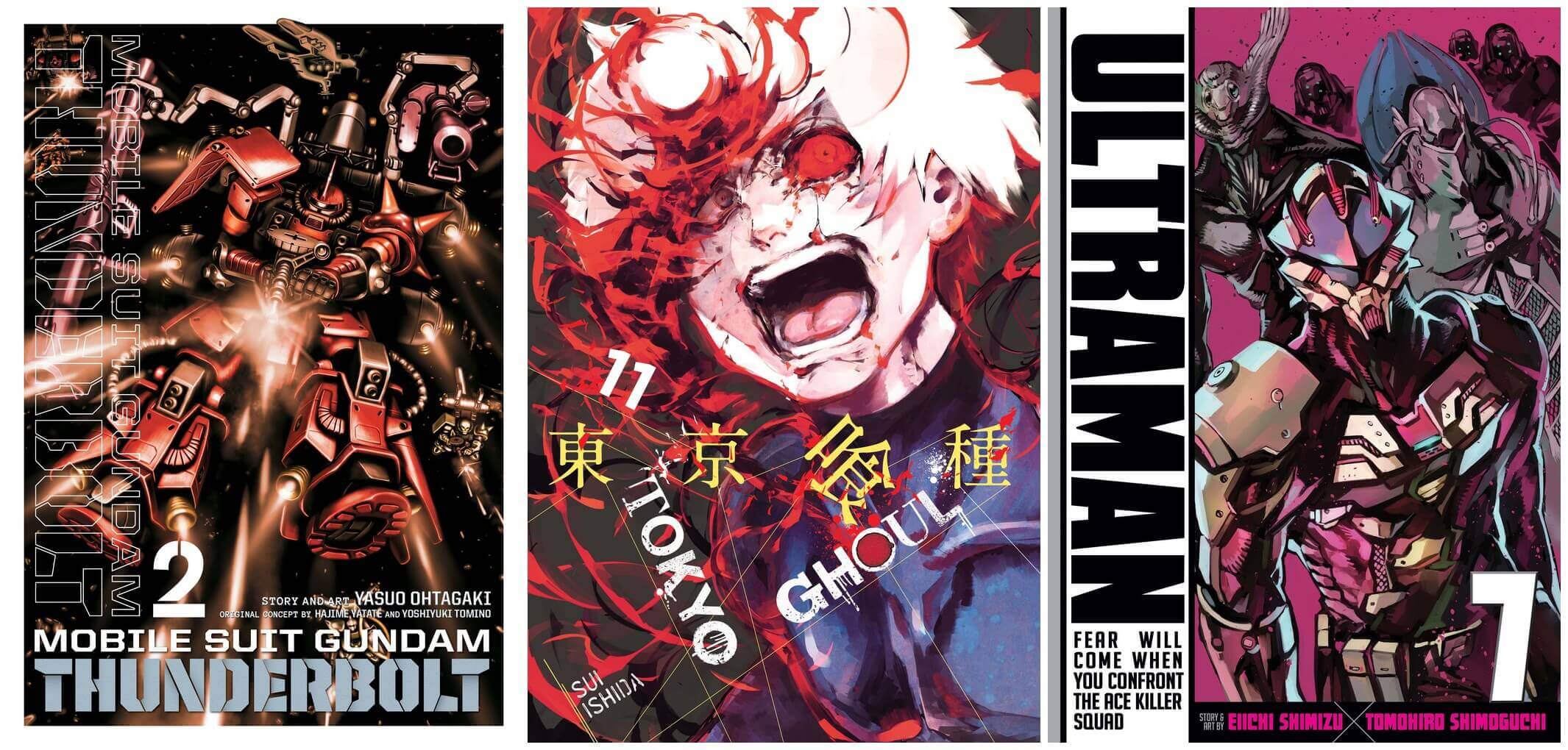 February 2017 Manga Releases Covers of Mobile Suit Gundam Thunderbolt, Tokyo Ghoul, and Ultraman.