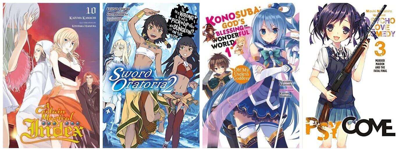 February 2017 Manga Releases Covers of A Certain Magical Index, Sword Oratoria, Konosuba, and Psycome.
