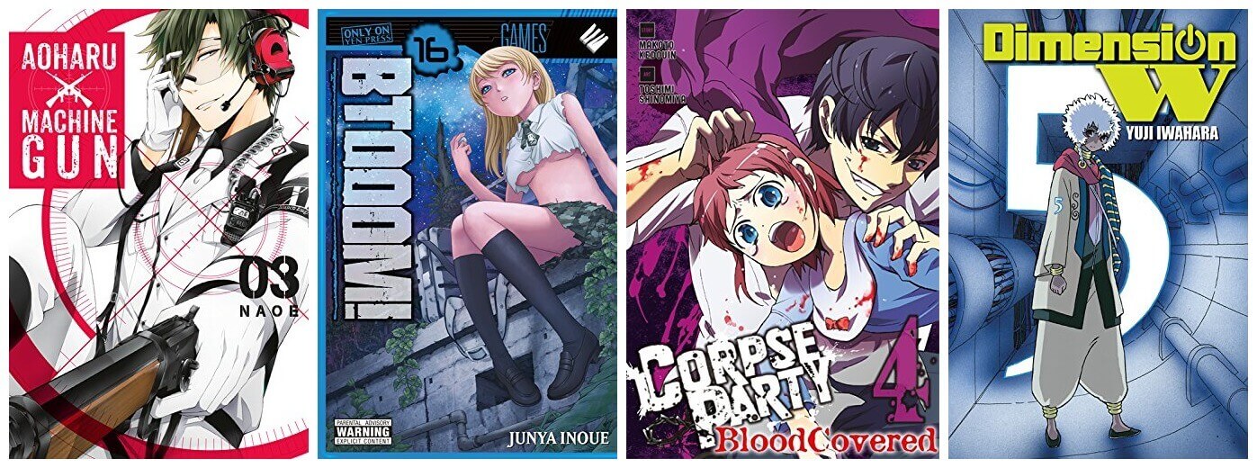 February 2017 Manga Releases Covers of Aoharu X Machinegun, BTOOOM, Corpse Party, and Dimension W.