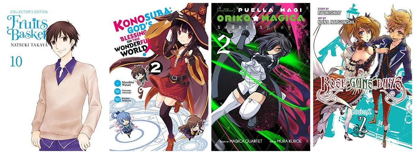 February 2017 Manga Releases Covers of Fruits Basket, Konosuba, Oriko Magica, and Rose Guns Days Season 2.