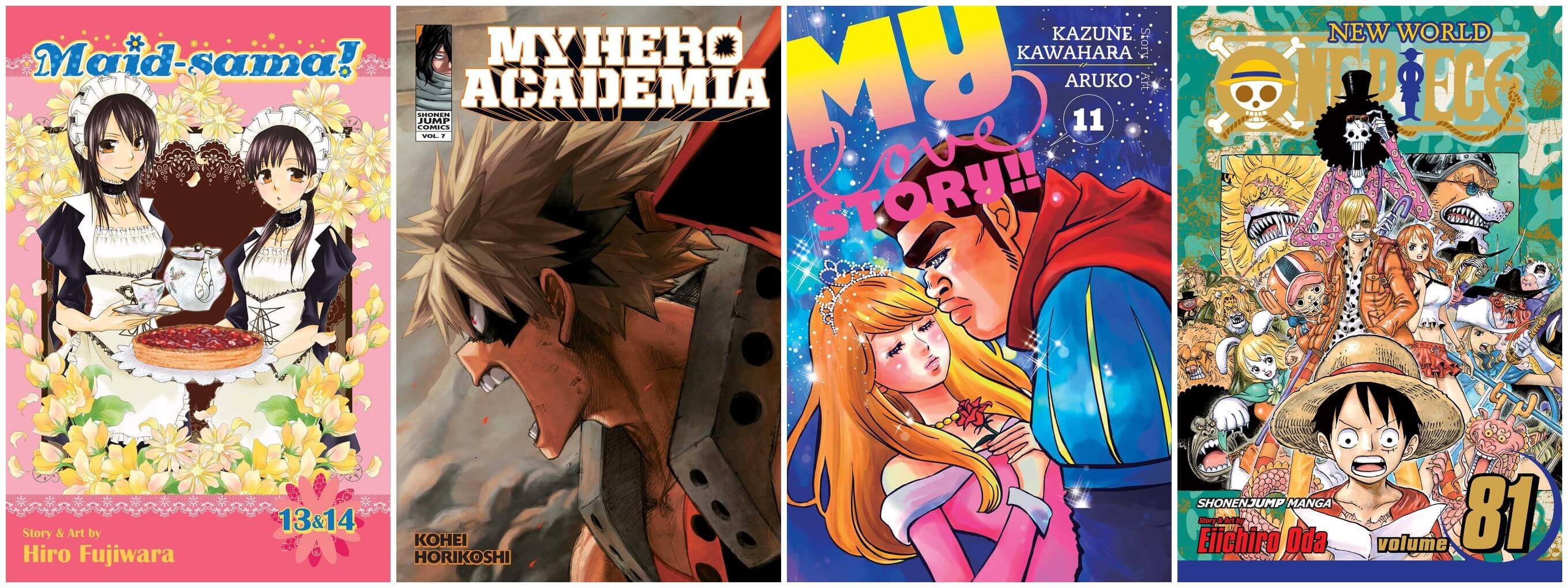 February 2017 Manga Releases Covers for Maid-sama, My Hero Academia, My Love Story, and One Piece.