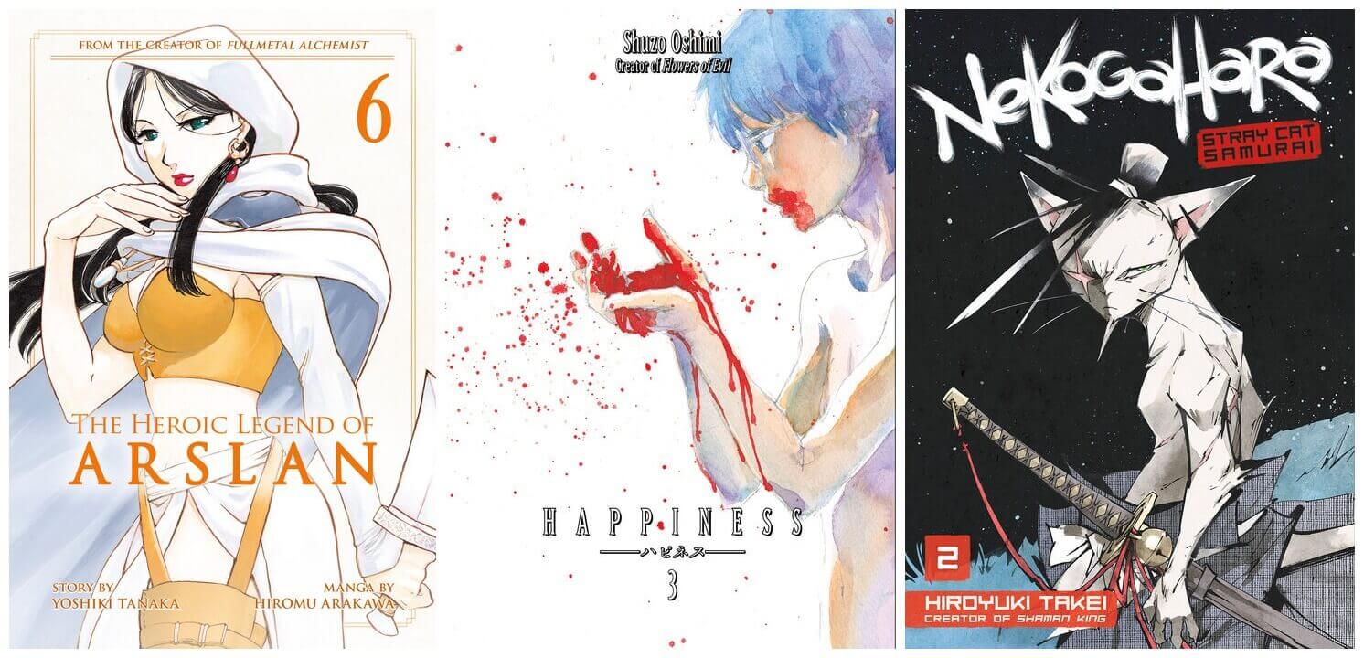 February 2017 Manga Releases Covers for The Heroic Legend of Arslan, Happiness, and Nekogahara.