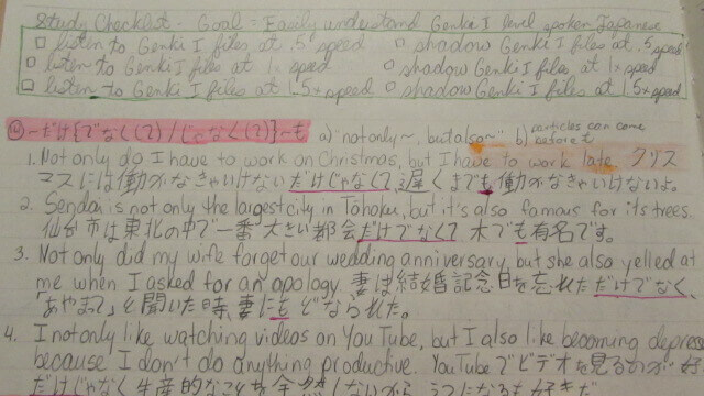 The Road to Learning Japanese: Language Journal A list of study goals surrounded by light green ink.