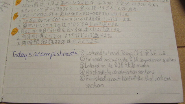 The Road to Learning Japanese: Language Journal A list of my day's accomplishments written in dark blue.