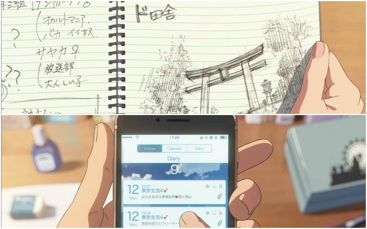 Your Name Review Mitsuha looks at her notebook and Taki scrolls through his phone.