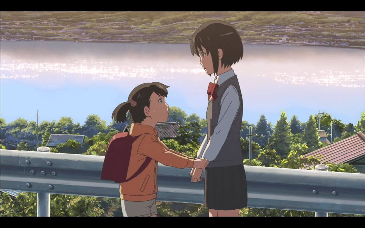 Your Name Review Mitsuha talking with her sister.