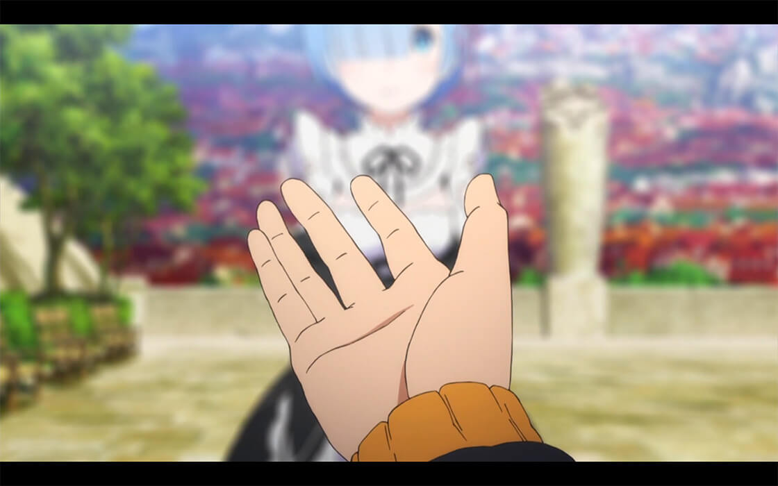 Subaru reaching out to Rem, begging her to run away with him.