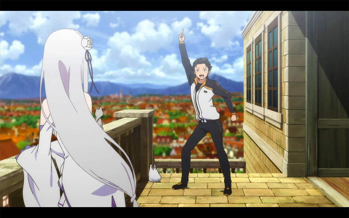 Subaru striking his signature pose as he introduces himself to Emilia. 