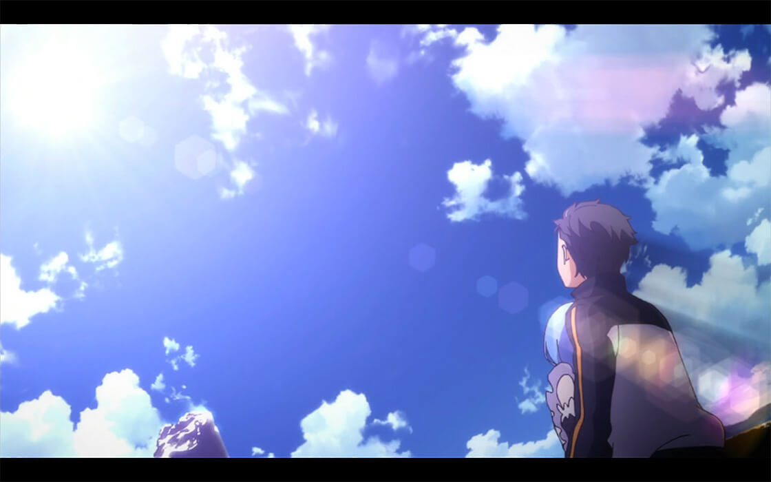 A renewed Subaru, holding a crying Rem in his arms as he stares up at the blue sky.