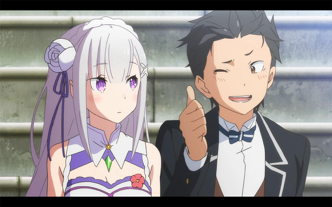 Subaru smiling as he shoots Emilia a thumbs up and a wink. 