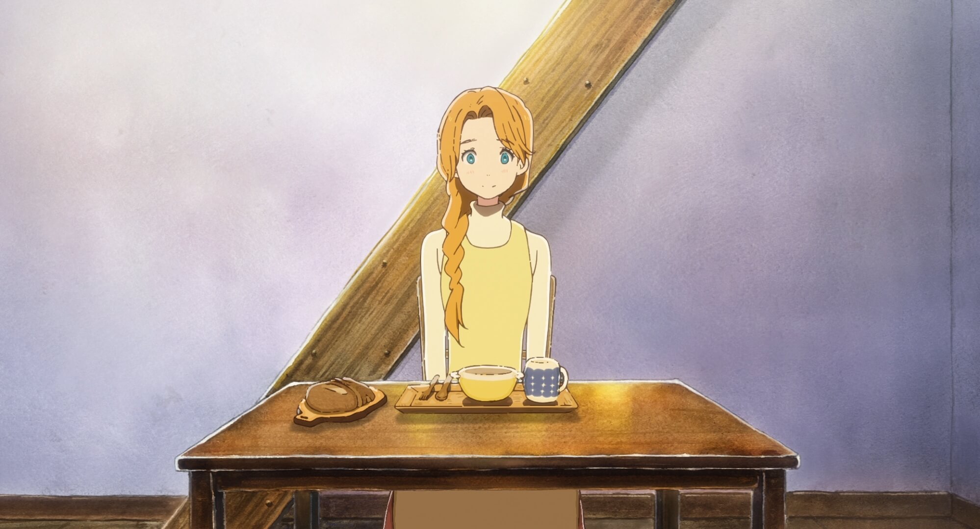 A screenshot of a girl sitting at a wooden table set for eating