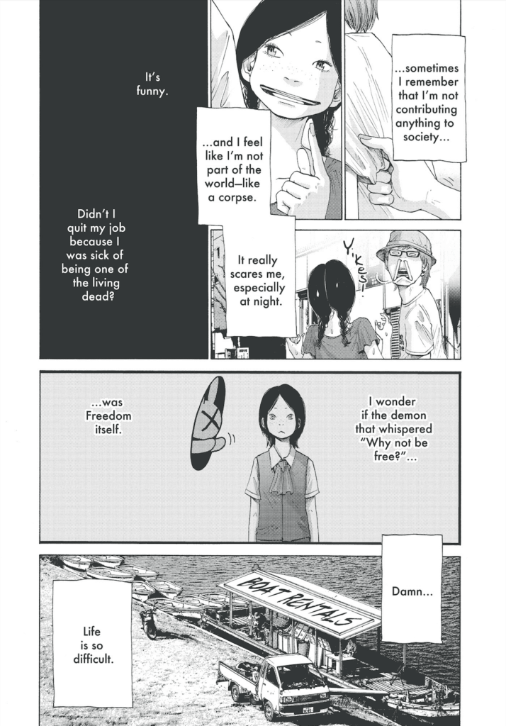 The main character, Meiko, from Solanin, reflecting on the price of freedom in her life. 