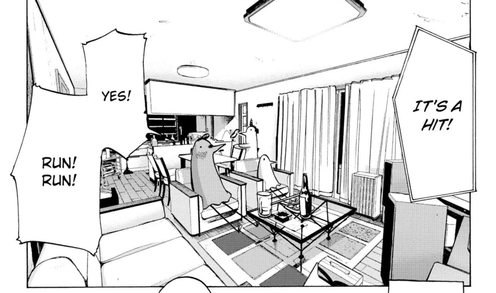 Punpun and his mom and dad watching baseball in their living room.