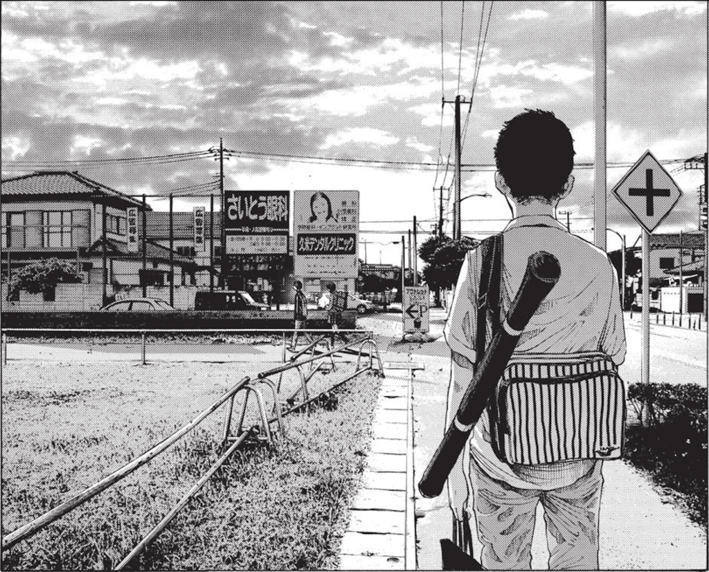 A side character from A Girl on the Shore watching the two main characters walk together on the street.