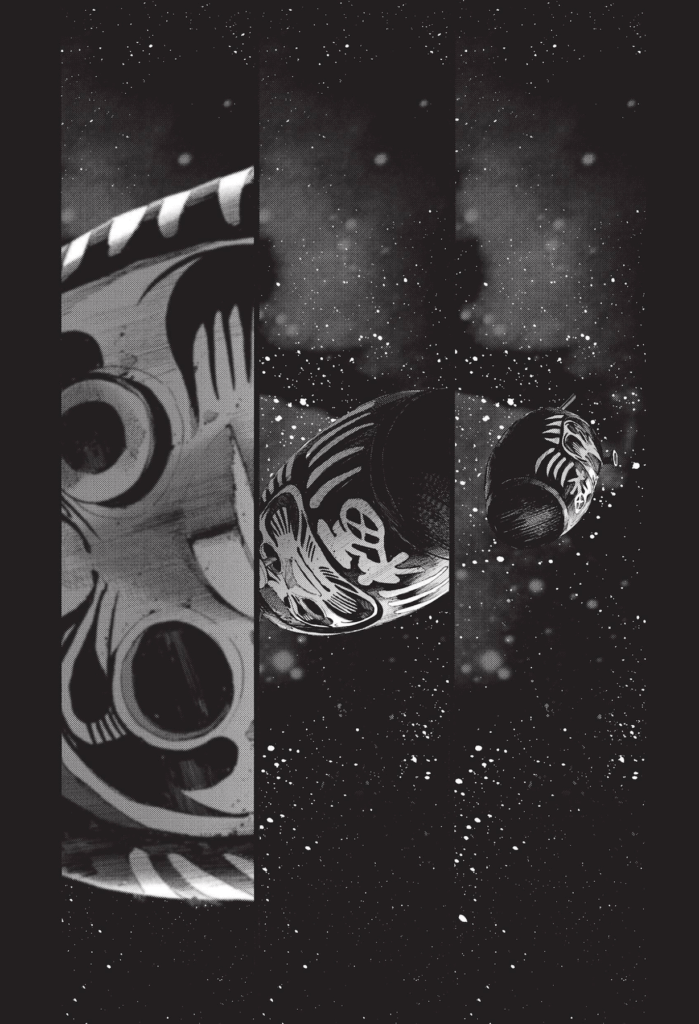 A giant daruma floating through space.