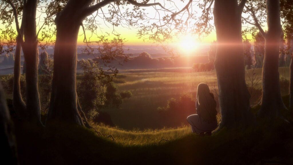 A screenshot from "Maquia" of a girl kneeling at the edge of a forest as the sun rises in the distance.
