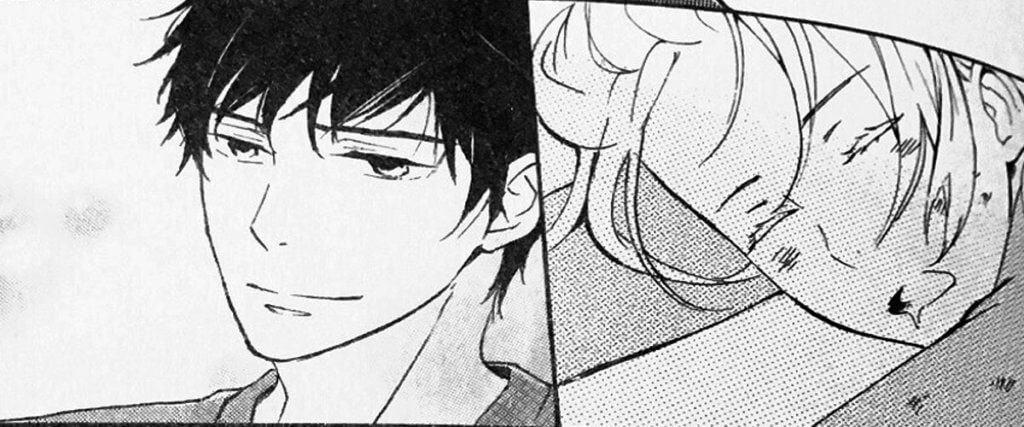 A screenshot of Osamu smirking and Suzu drooling while asleep