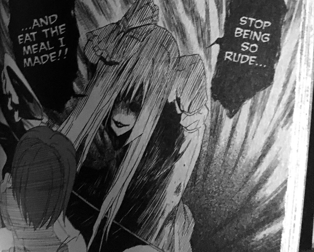 A screenshot of Hikari cowering in front of the Demon Lolita