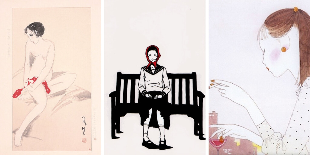 Three images of women drawn by Yumeji Takehisa, Yusuke Nakamura, and Seiichi Hayashi