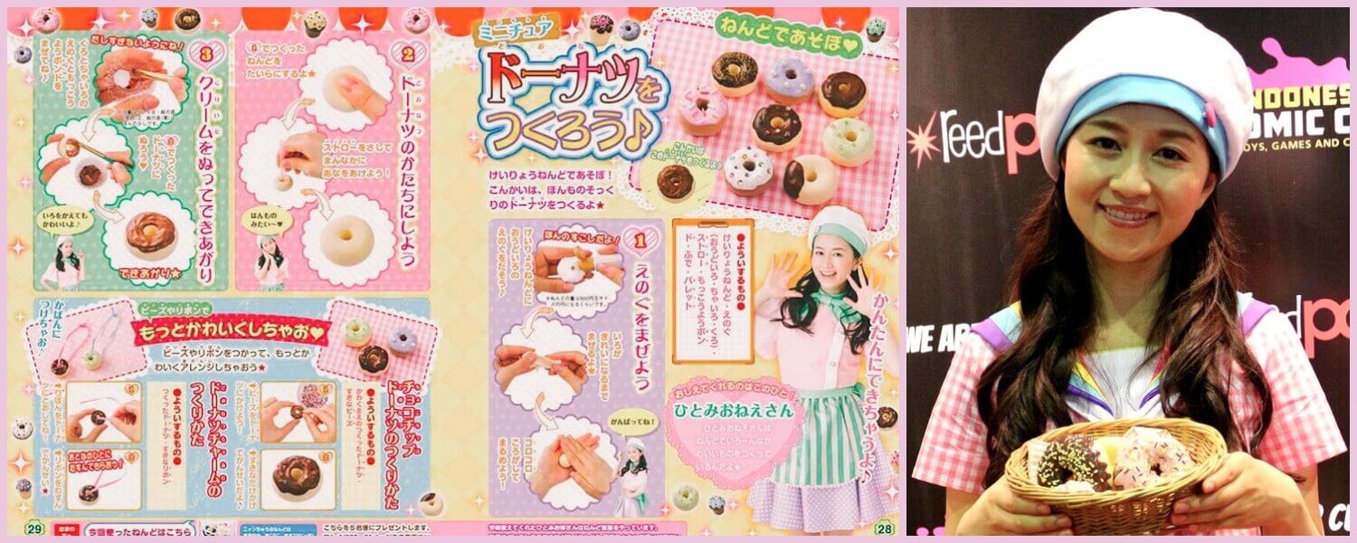 Hitomi Okada and Her Mini Food Models Hitomi Okada posing with model donuts and a magazine spread of her and some of her creations.