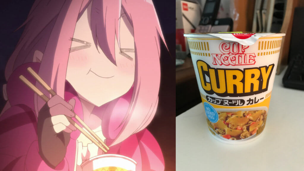 Nadeshiko enjoying curry ramen and an image of it in real life