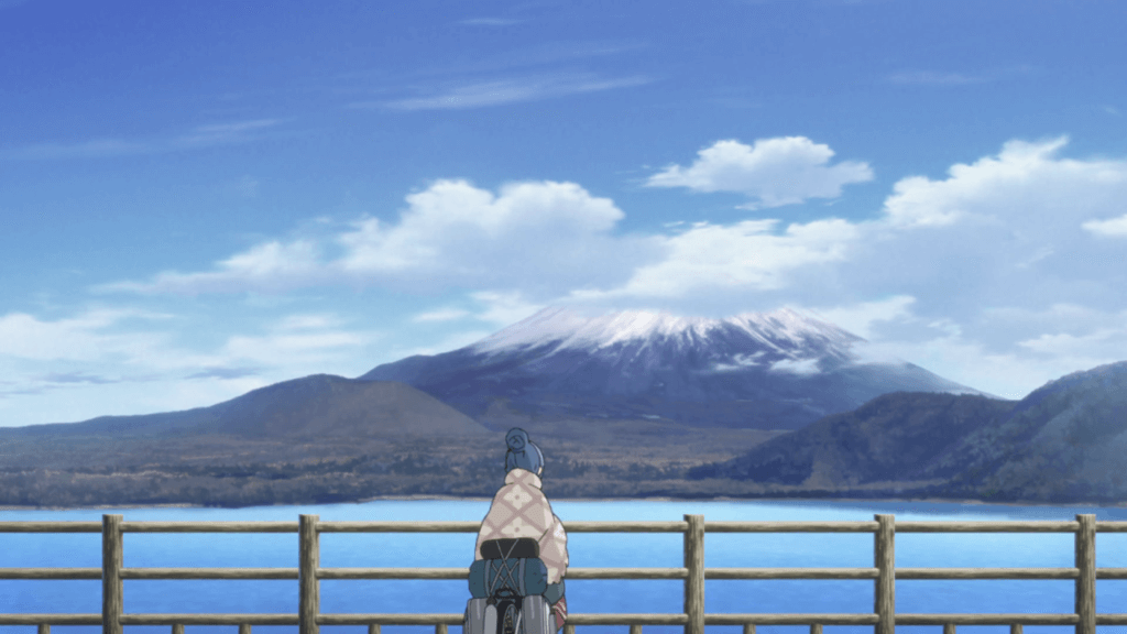 Rin arrives at her campsite with a view of Mt. Fuji