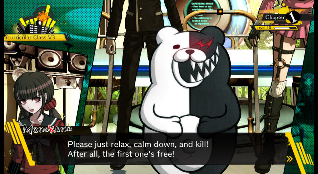 Monokuma kicking off the Killing Game in Danganronpa V3.