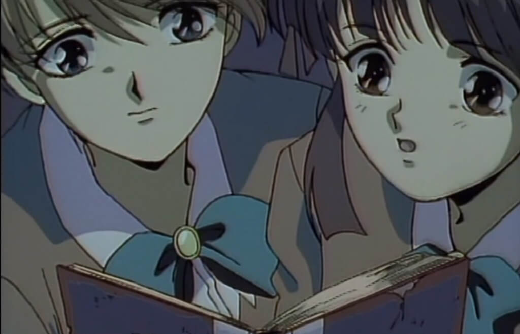 Yui and Miaka look at a mysterious book