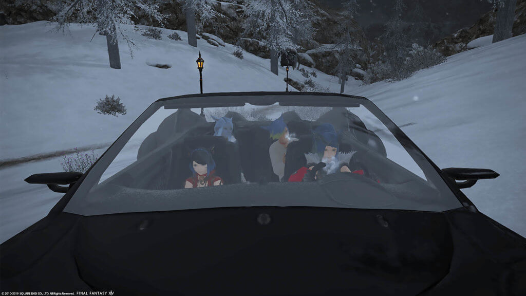 4 players riding in the Final Fantasy XIV Regalia Car mount