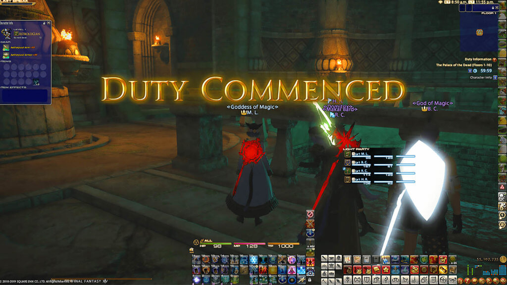 Healers in a deep dungeon, known as Palace of the Dead, with the title screen saying, "Duty Commenced"