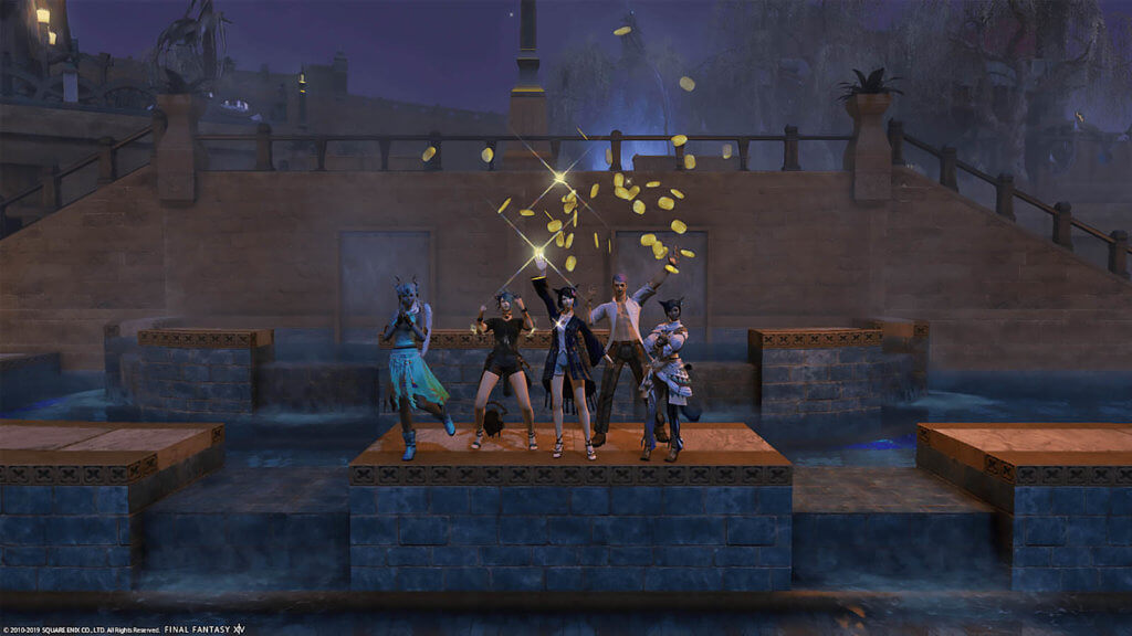 5 players are waving, cheering, and tossing gil into the air in celebration.