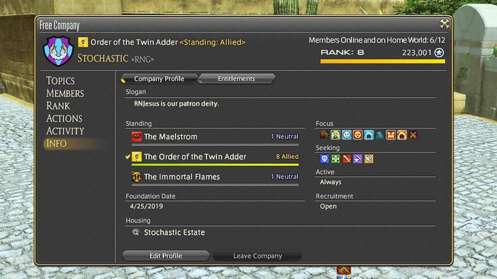 Screen prompt displaying the Free Company called Order of the Twin Adder's information