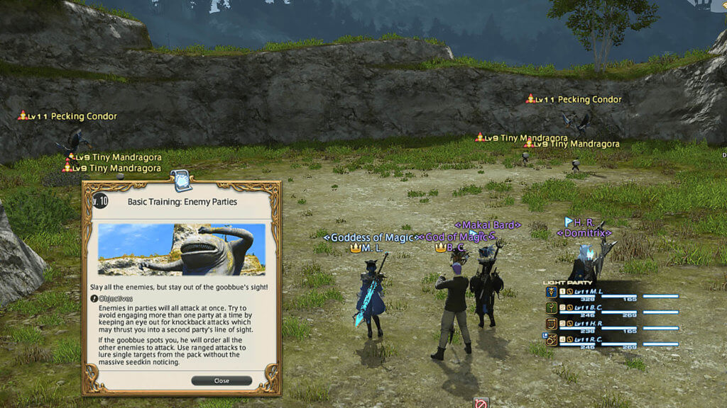 A group of players are in a guildhest with a prompt on the screen that says "Level 10: Basic Training: Enemy Parties".